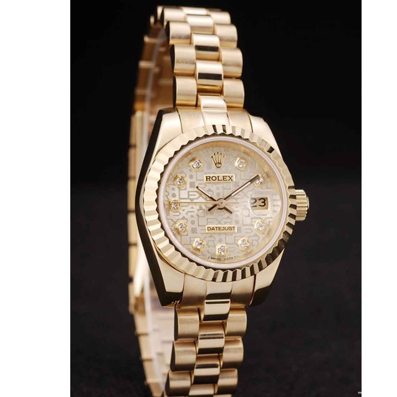 Aaa replica watch Dial Rolex Gold Ribbed Gold Pattern Bezel DateJust 0717